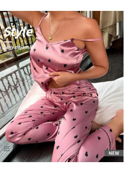 Roza pižama s srčki Bliss Long – Mehka in elegantna ženska pižama