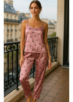 Roza pižama s srčki Bliss Long – Mehka in elegantna ženska pižama